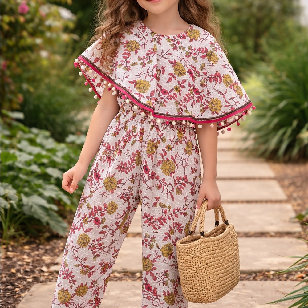 Eid Girls Pink Floral Cape Jumpsuit with Pom Trim|size 4T